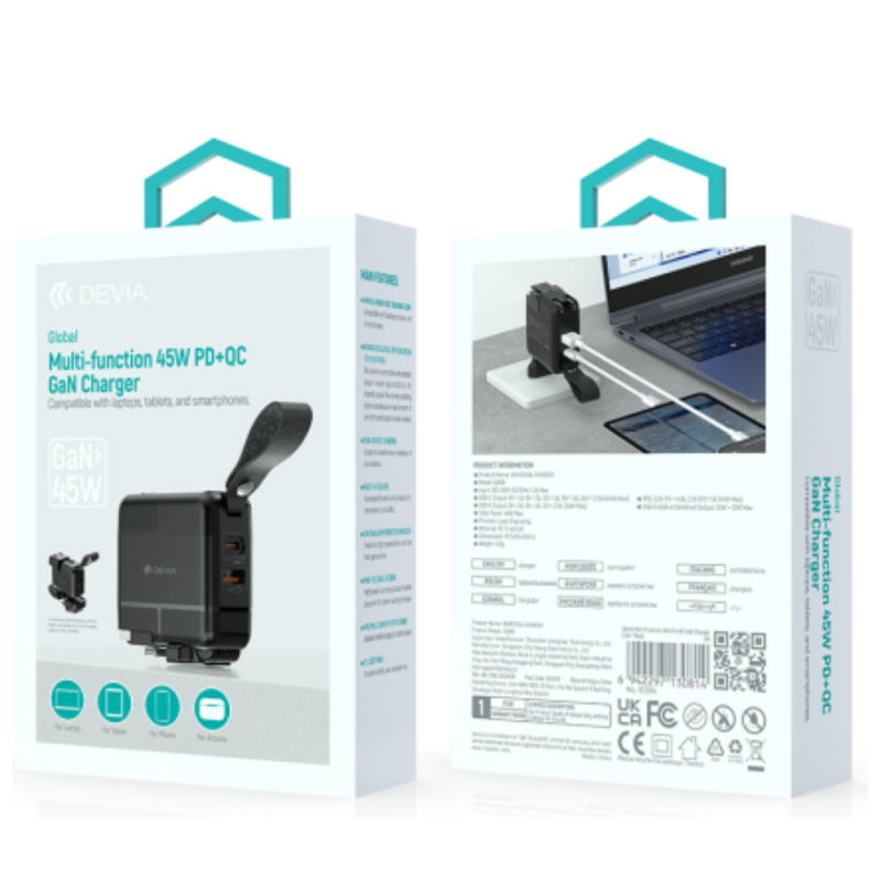 Chargeur Gan Multifonctionnel 45W PD ＋ QC Devia Global - Noir — Devia · Smarty Paris 18e